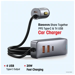 Baseus CCBT-B0G Share Together PPS Type-C & Tri USB 3A 120W Grey Car Charger #CCBT-B0G