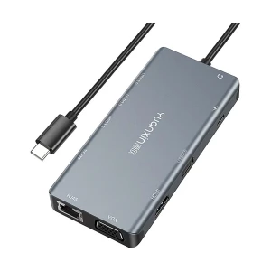 Yuanxin X-3111 Type-C Male to HDMI, VGA, Quad USB, USB-C (PD), SD, TF, LAN & 3.5mm Female Gray Multiport Converter # X-3111
