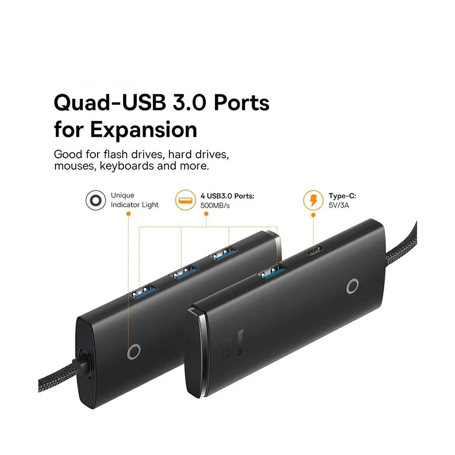 Baseus Lite Series WKQX030001 USB Male to Quad 3.0 & Type-C Female Cable / Converter / HUB Best Price
