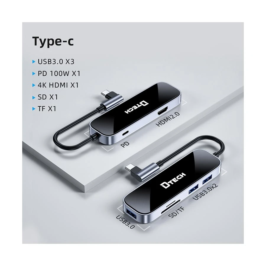 Dtech T0040 Type-C Male to HDMI, Tri USB, (PD), SD & TF Female Cable / Converter / HUB Price in Bangladesh