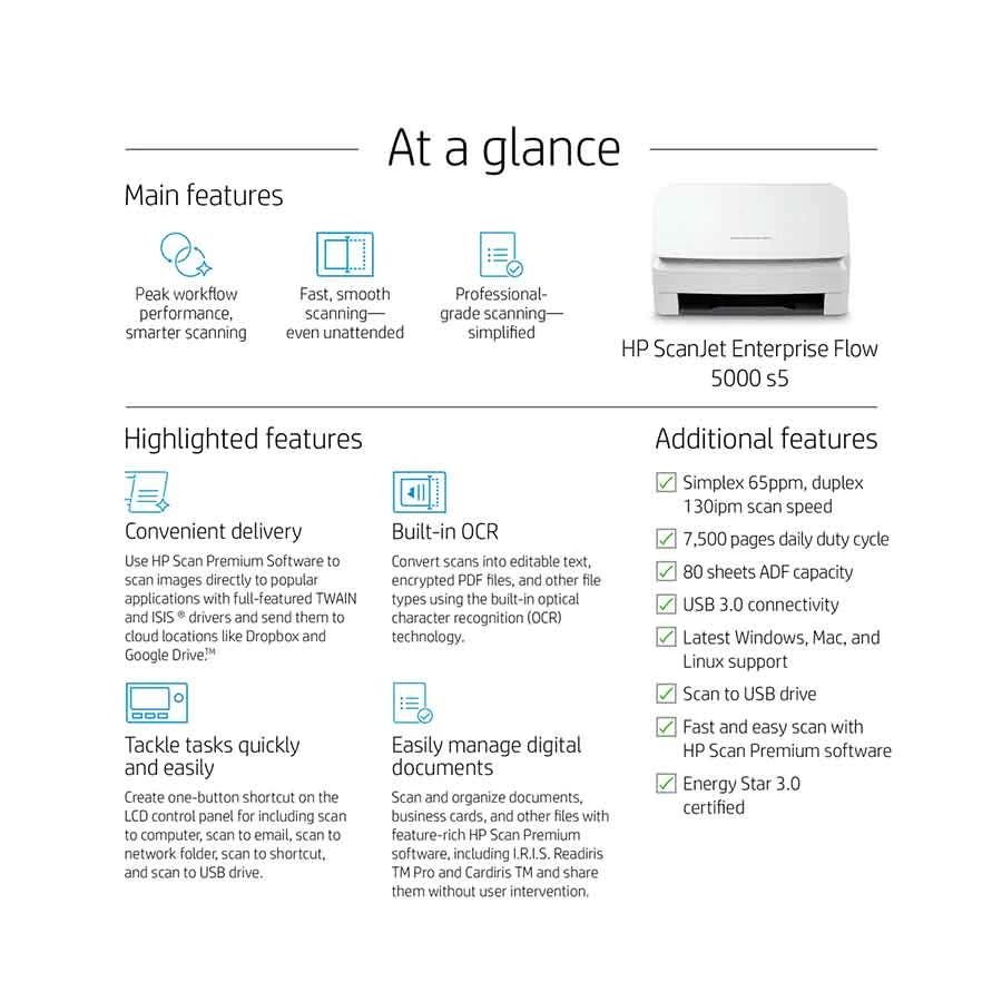 Hp HP ScanJet Enterprise Flow 5000 s5 Sheetfed and Flatbed Scanner specifications