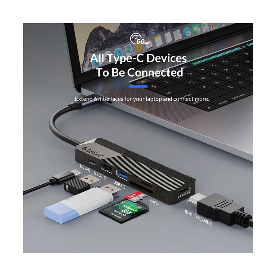 Orico Type-C Male to HDMI, Dual USB, SD, TF & (PD) Female Cable / Converter / HUB in BD