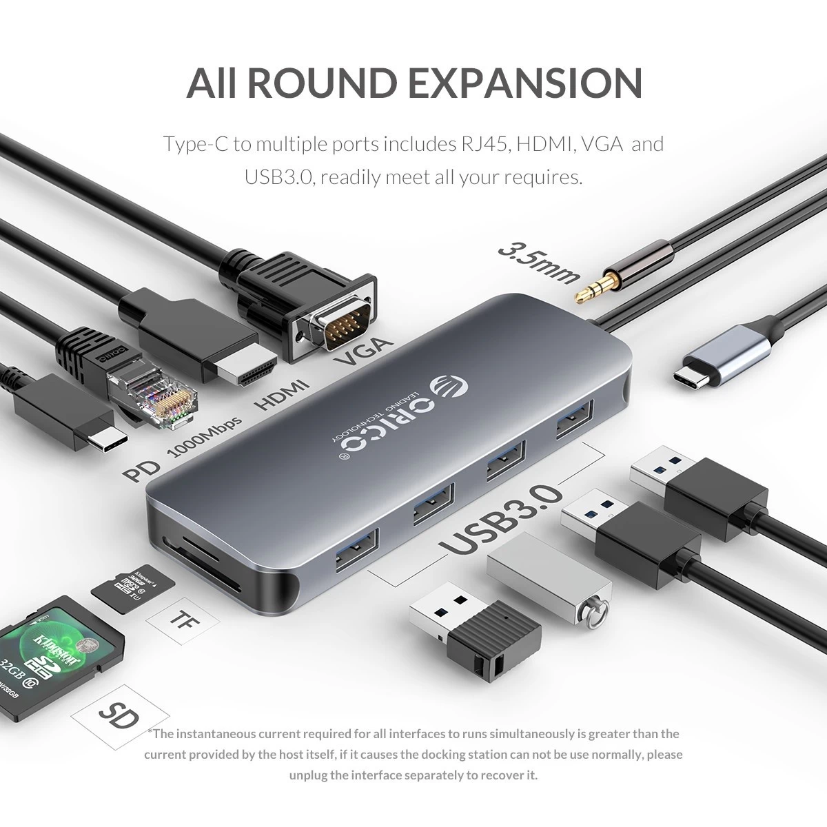 Orico Type-C to HDMI, Quad USB 3.0, VGA, LAN, 3.5mm, SD, TF & PD Type-C Converter