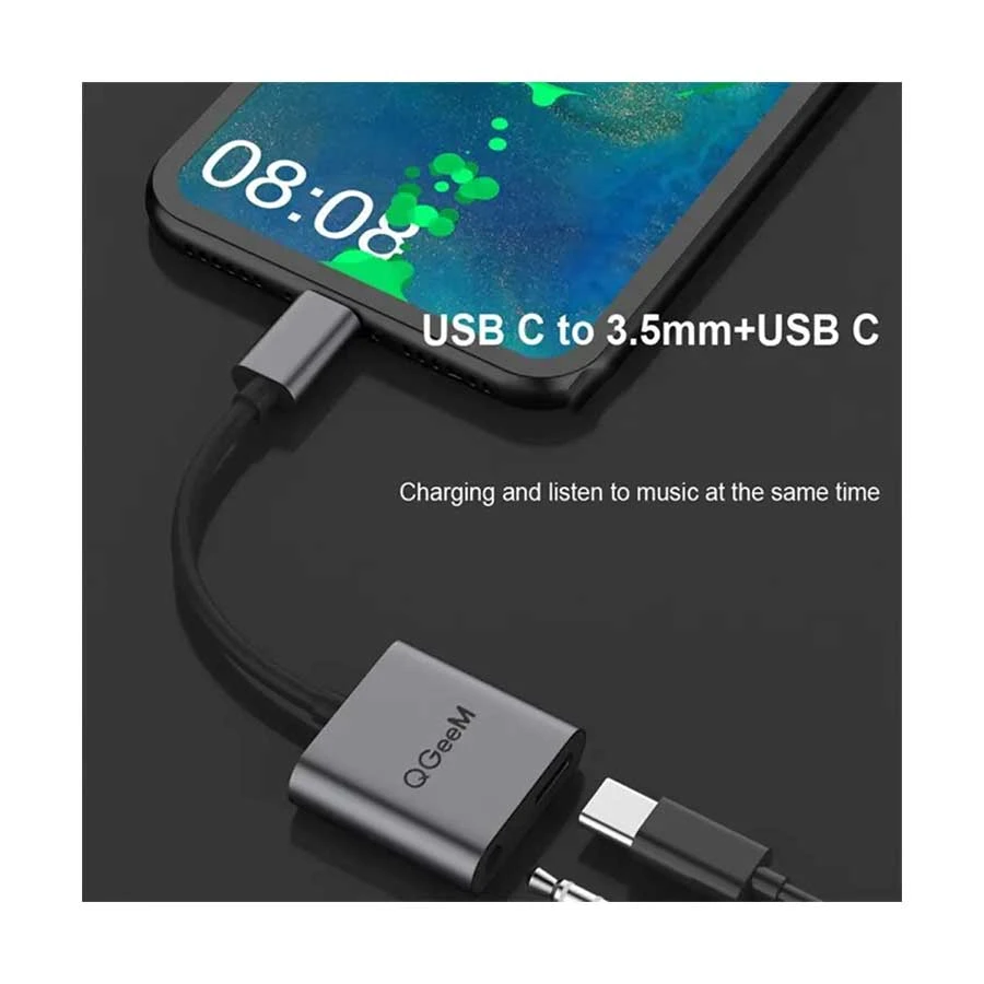 Qgeem QG-UH02-2 Type-C Male to PD Charger & 3.5mm Audio Female Type-C Converter in BD