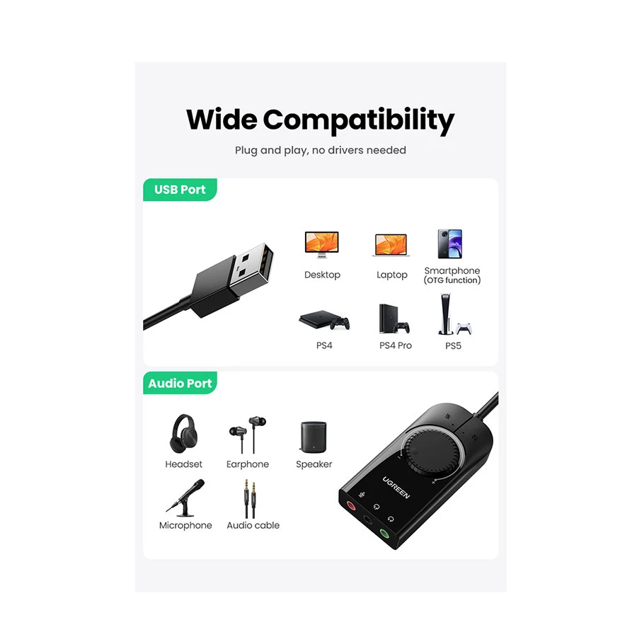 Ugreen CM129 USB Male to Tri 3.5mm Female Cable / Converter / HUB Price in Bangladesh