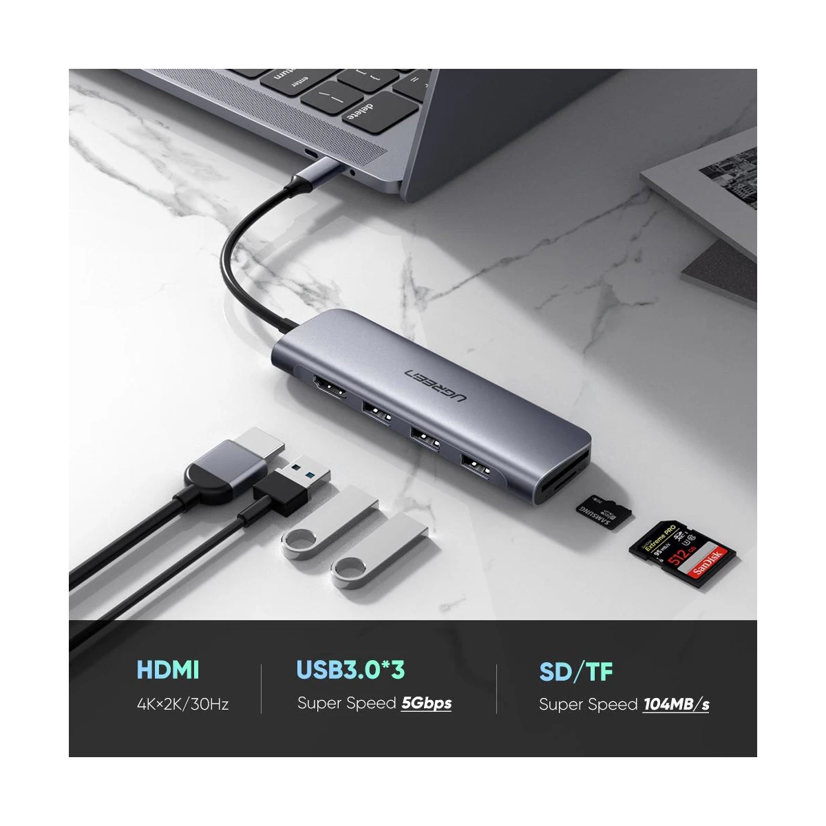 Ugreen CM195 Type-C Male to SD, TF, Tri USB 3.0 & HDMI Female Type-C Converter Price in Bangladesh