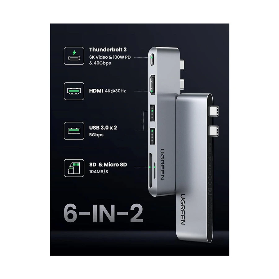 Ugreen CM380 Type-C Male to Dual USB 3.0, HDMI, TF, SD, Female Type-C Converter Price in Bangladesh