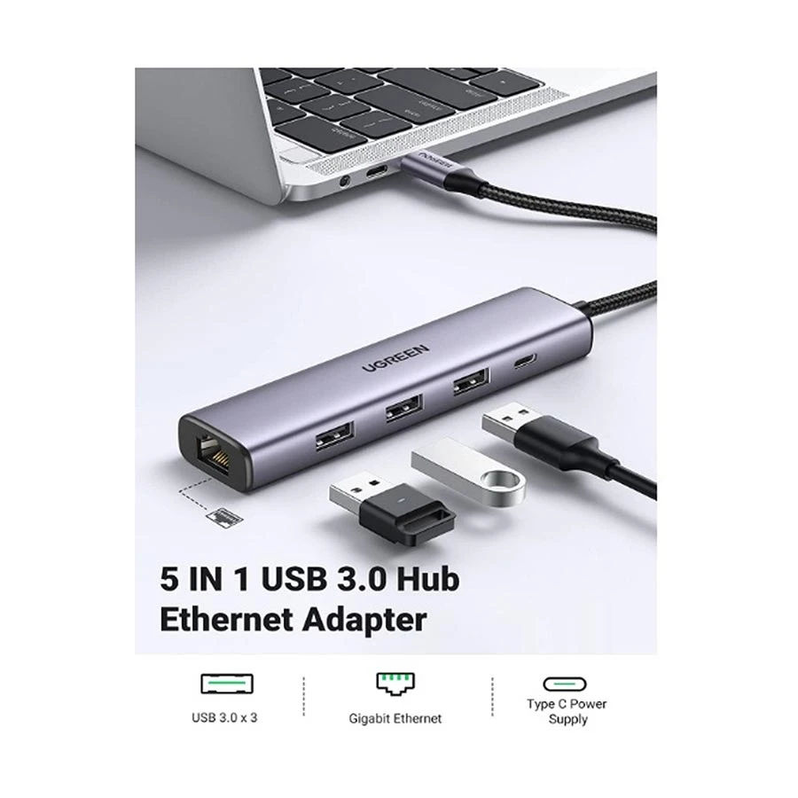 Ugreen CM475 USB Male to Tri 3.0, Type-C & Lan Female Cable / Converter / HUB in BD