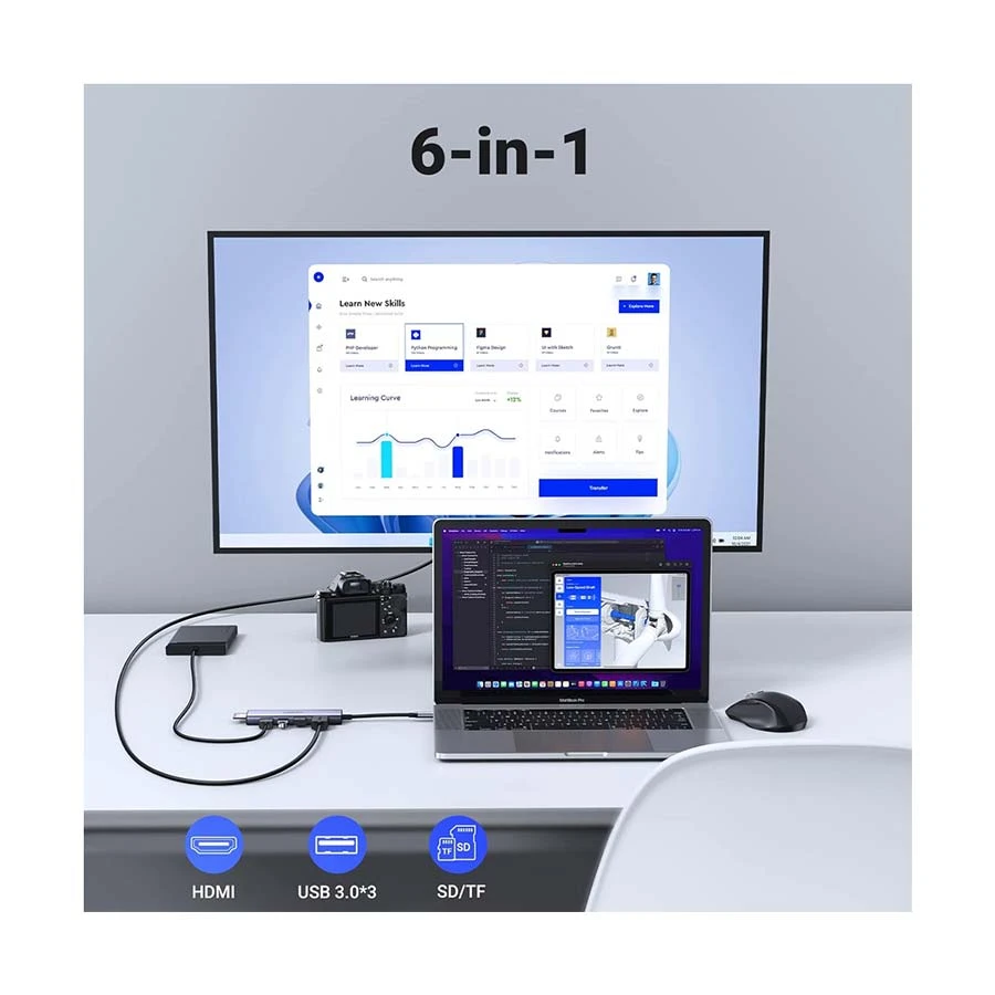 Ugreen CM511 Type-C Male to HDMI, Tri USB, SD & TF Female Cable / Converter / HUB Price in Bangladesh