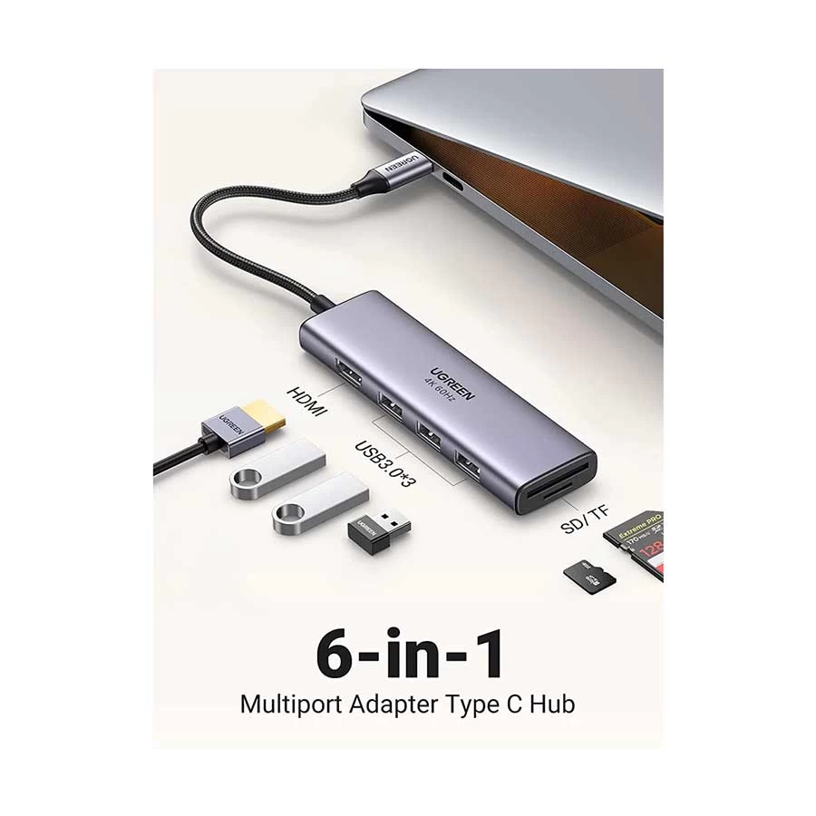 Ugreen 60383 Type-C Male to HDMI, SD, TF & Tri USB 3.0 Female Type-C Converter in BD