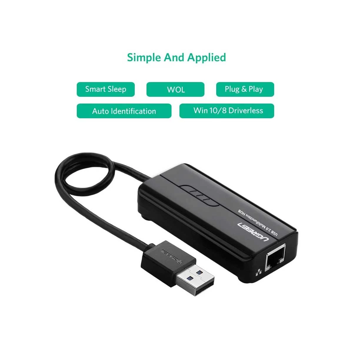 Ugreen 20264 USB Male to 3 USB 2.0 & LAN Female USB Converter