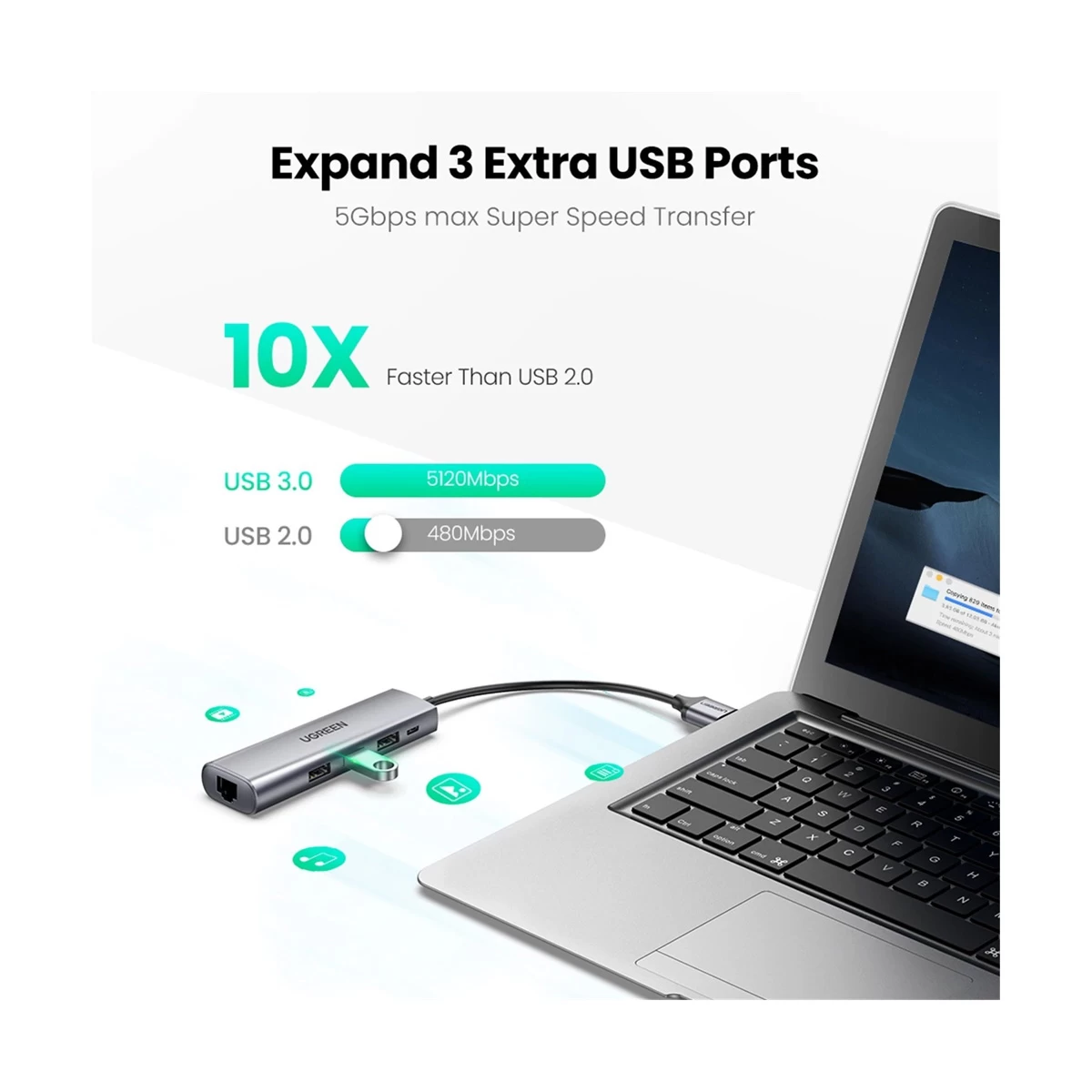 Ugreen 60812 USB Male to Tri USB, Micro & LAN Female USB Converter in BD