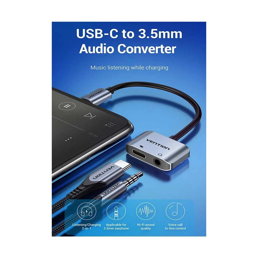 Vention BGSHA Type-C Male to 3.5mm & Female Cable / Converter / HUB Price in Bangladesh