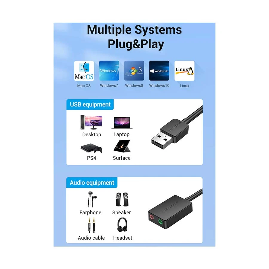 Vention CDYB0 USB Male to Dual 3.5mm Female Cable / Converter / HUB Best Price