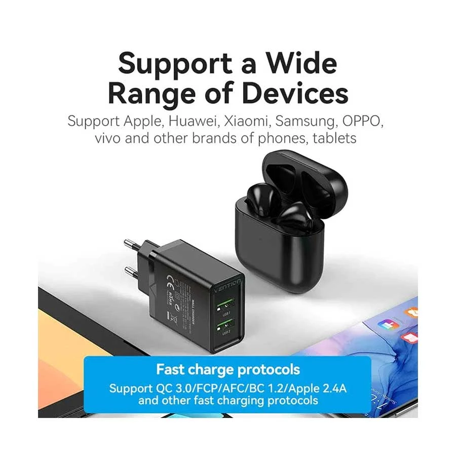 Vention FBAB0-EU 2-Port USB 18W Wall Charger Price in BD