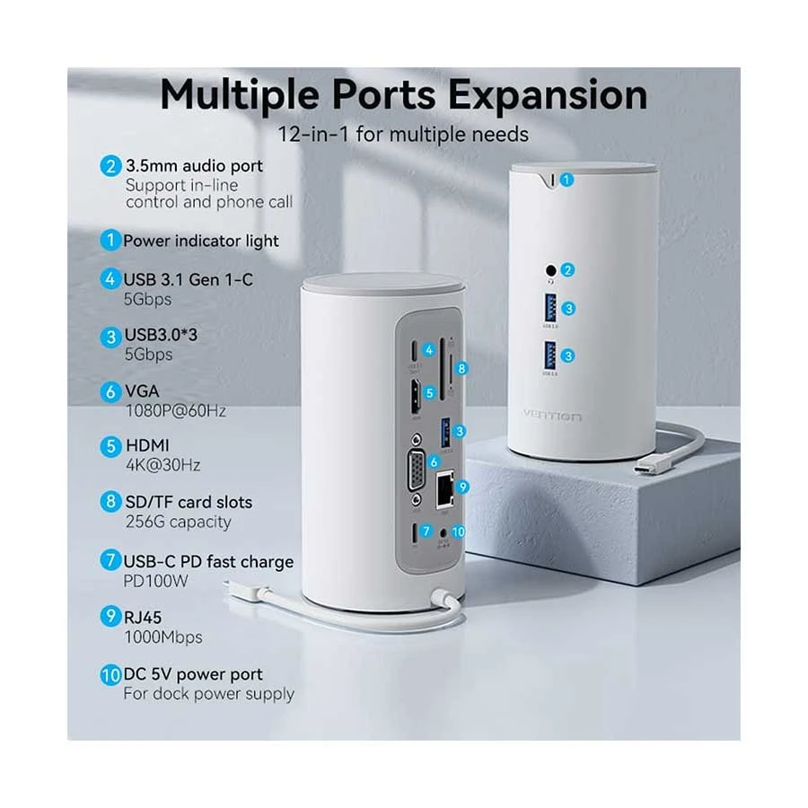 Vention TPHWC-EU Type-C Male to Tri USB, Type-C, HDMI, VGA, TF, SD, LAN, 3.5mm, DC & PD Female All Brands Price in BD