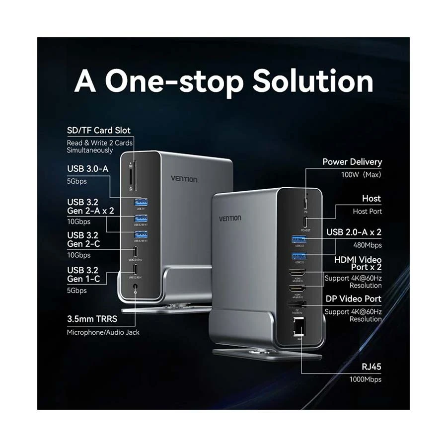 Vention TPUH0 Type-C Male to Penta USB, Dual HDMI, DP, SD, TF, LAN, 3.5mm TRRS, & (PD) Female All Brands Price in Bangladesh