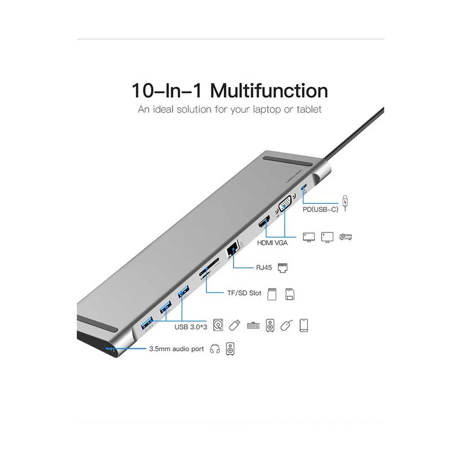 Vention THOHAH Type-C Male to Tri USB, HDMI, VGA, TF, SD, LAN, 3.5mm & PD Female Cable / Converter / HUB in BD