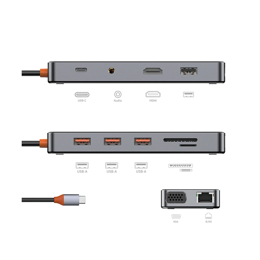 WiWU Wiwu Cyber hub 11 in 1 Type-C Male to HDMI, VGA, Quad USB, Type-C, 3.5mm, Micro SD, SD & LAN Female Cable / Converter / HUB in BD