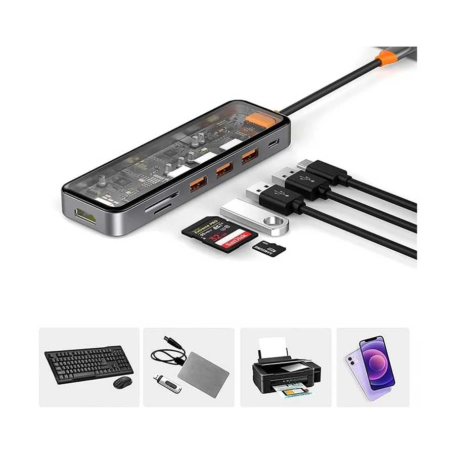 Wiwu Cyber Hub 7 In 1 CB007 Type-C Male to HDMI, Tri USB, (PD), SD & TF Female Cable / Converter / HUB in BD