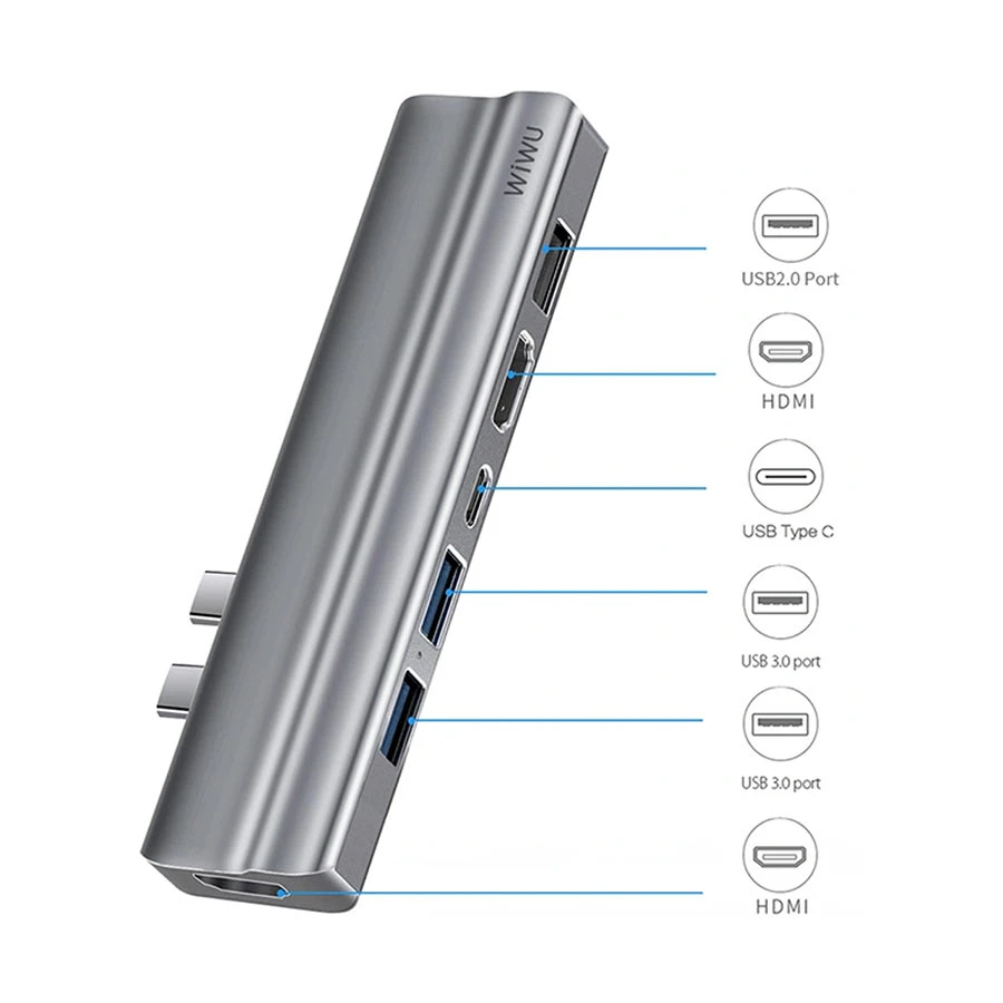 Wiwu WIWU Dual Type-C Male to HDMI, Tri USB, SD, TF & Female Type-C Converter in BD
