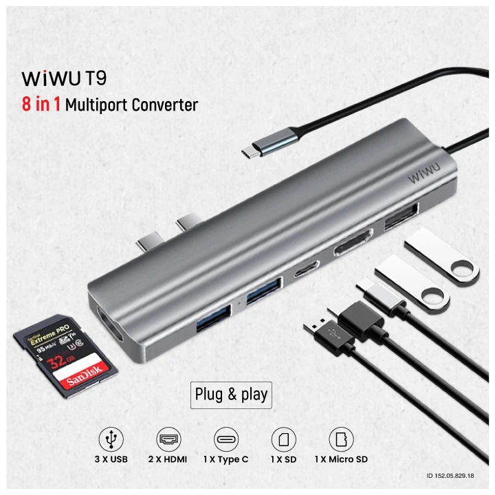 WIWU Dual Type-C Male to Dual HDMI, Tri USB, SD, TF & Type-C Female Type-C Converter Price in BD