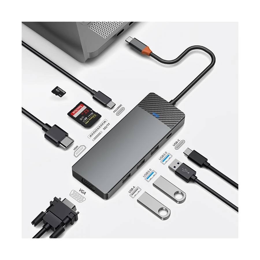 Wiwu Linker Series Hub A921HV Type-C Male to HDMI, VGA, Tri USB, Dual Type-C, SD & TF Female Cable / Converter / HUB Price in BD