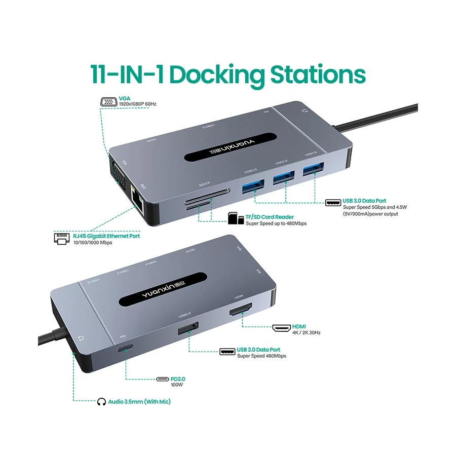 Yuanxin X-80311 Type-C Male to HDMI, VGA, LAN, Tri USB 3.0, 2.0, 3.5mm, TF, SD & PD Female Cable / Converter / HUB in BD