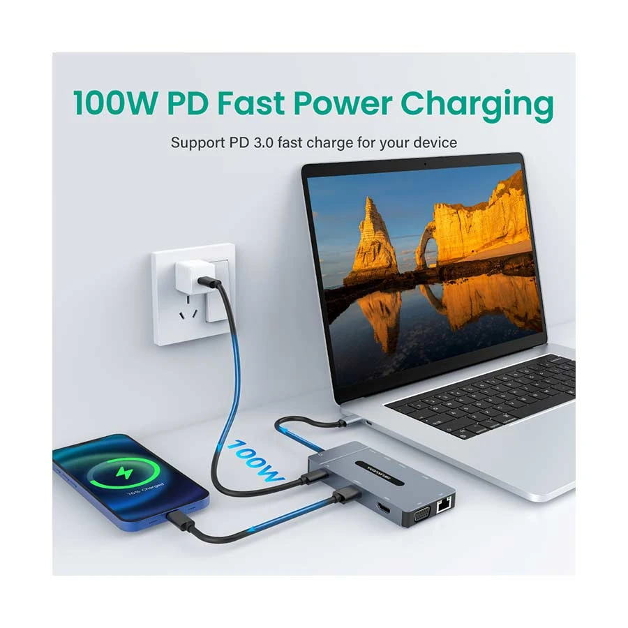 Yuanxin X-80311 Type-C Male to HDMI, VGA, LAN, Tri USB 3.0, 2.0, 3.5mm, TF, SD & PD Female Cable / Converter / HUB specifications