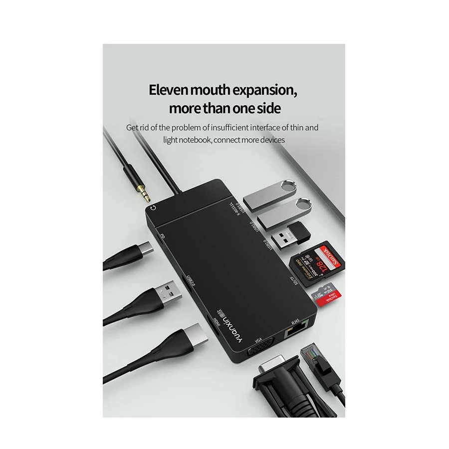 Yuanxin X-80311L Type-C Male to HDMI, VGA, LAN, Tri USB 2.0, USB 3.0, 3.5mm, TF, SD & PD Female Cable / Converter / HUB