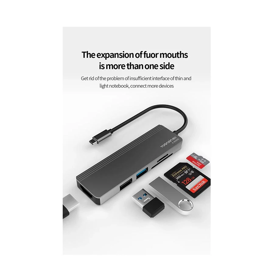 Yuanxin X-80505 Type-C Male to HDMI,USB 3.0, USB 2.0, TF & SD Female Cable / Converter / HUB in BD
