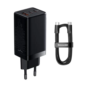 Baseus GaN3 Pro USB & Dual USB-C 65W EU Black Charger / Charging Adapter with USB-C to USB-C 1 Meter Black Charging Cable #CCGP050101