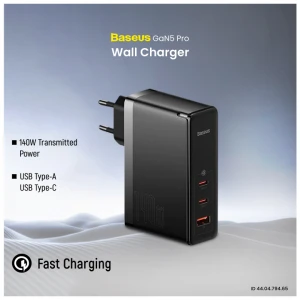 Baseus CCGP100201 GaN5 Pro USB & Dual USB-C 140W EU Black Charger / Charging Adapter with USB-C to USB-C 1 Meter Black Charging Cable #CCGP100201