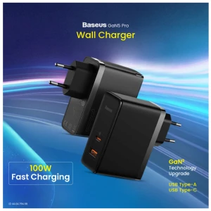 Baseus CCGP090201 GaN5 Pro USB & USB-C 100W EU Black Charger / Charging Adapter with USB-C to USB-C 1 Meter Black Charging Cable #CCGP090201
