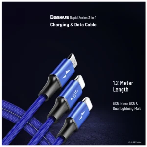 Baseus CAMLL-SU13 Rapid Series 3-in-1 USB Male to Micro USB & Dual Lightning, 1.2 Meter, Dark Blue Charging & Data Cable #CAMLL-SU13