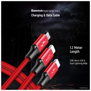 Baseus CAMLL-SU09 Rapid Series 3-in-1 USB Male to Micro USB & Dual Lightning, 1.2 Meter, Red Charging & Data Cable #CAMLL-SU09