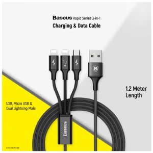 Baseus CAMLL-SU01 Rapid Series 3-in-1 USB Male to Micro USB & Dual Lightning, 1.2 Meter, Black Charging & Data Cable #CAMLL-SU01