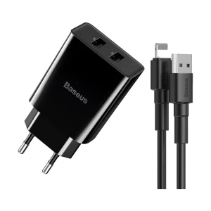 Baseus TZCCFS-R01 Speed Mini Dual USB 10.5W EU Black Charger / Charging Adapter with USB-A Male to Lightning 1 Meter Black Charging Cable #TZCCFS-R01