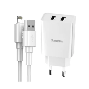 Baseus TZCCFS-R02 Speed Mini Dual USB 10.5W EU White Charger / Charging Adapter with USB-A Male to Lightning 1 Meter White Charging Cable #TZCCFS-R02