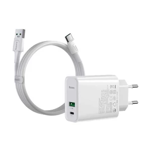 Baseus TZCCFS-H02 Speed PPS QC USB & USB-C 30W EU White Charger / Charging Adapter with USB Male to USB-C 1 Meter White Charging Cable #TZCCFS-H02
