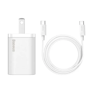 Baseus TZCCSUP-M02 Super Si QC USB-C 25W US White Charger / Charging Adapter with USB-C to USB-C 1 Meter White Charging Cable #TZCCSUP-M02