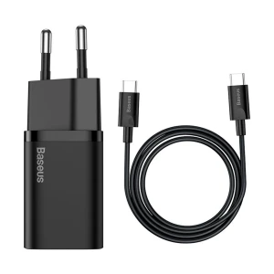 Baseus Super Si USB-C 25W PD EU Black Charger / Charging Adapter with USB-C to USB-C 1 Meter Black Charging Cable #TZCCSUP-L01
