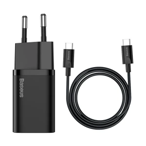 Baseus TZCCSUP-L01 Super Si USB-C 25W PD EU Black Charger / Charging Adapter with USB-C to USB-C 1 Meter Black Charging Cable #TZCCSUP-L01