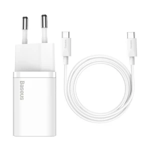 Baseus TZCCSUP-L02 Super Si USB-C 25W PD EU White Charger / Charging Adapter with USB-C to USB-C 1 Meter White Charging Cable #TZCCSUP-L02