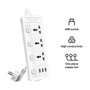 Deli 2 Pin 3 Port White Power Strip # ET410, (3 x USB) (2 Meter)