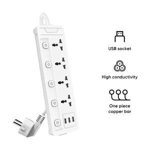 Deli 2 Pin 4 Port White Power Strip # ET411, (3 x USB) (2 Meter)