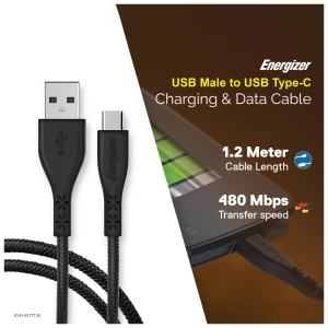 Energizer USB Male to USB Type-C, 1.2 Meter, Black Charging & Data Cable #C410CGBK