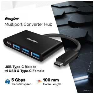 Energizer USB Type-C Male to tri USB & Type-C Female Black Hub #HC304AC