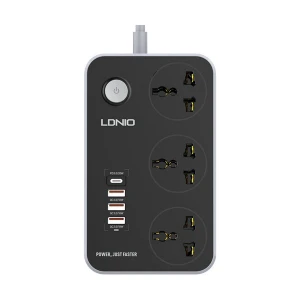 Ldnio 3 Pin 3 Port Black Power Strip #SC3412 (UK), (1 x Type C USB PD, 3 x USB)