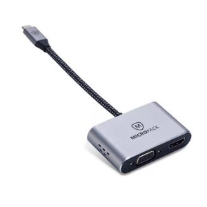 Micropack Type-C Male to Dual USB, HDMI & VGA Female Silver Multiport Converter # MDC-4HVP